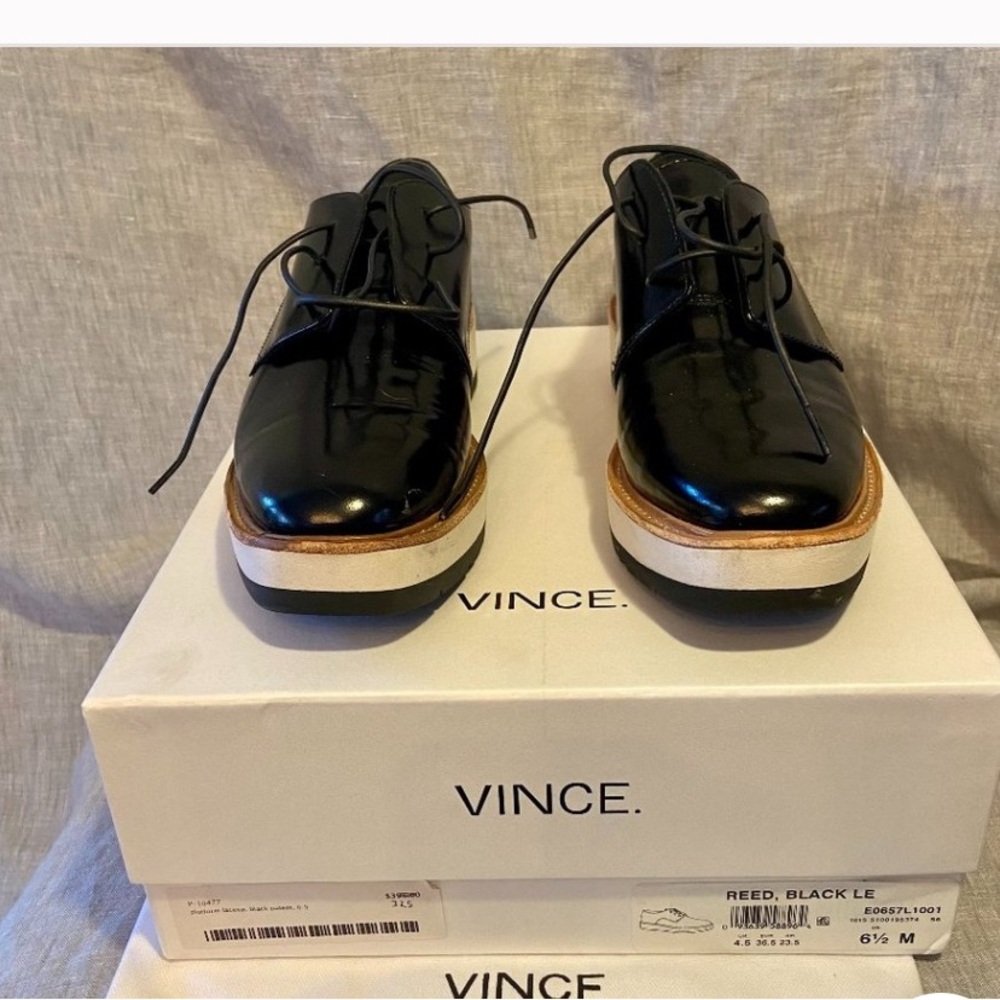 Vince Glossy Black Oxfords with White Sole